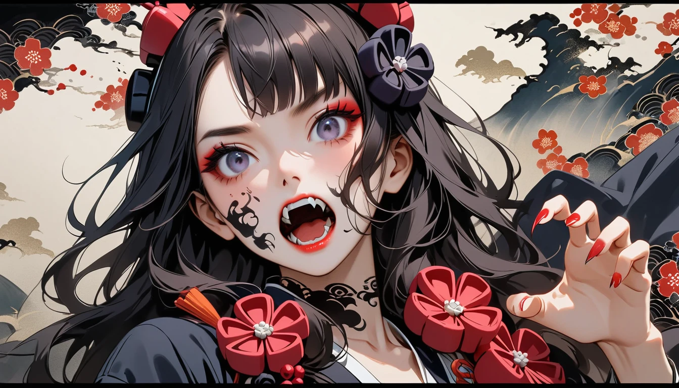 (((Horror elements))), (((TATOO on the face))), (((claw pose))), (((Highest quality))), (((Katsushika Hokusai))), (((Ink Painting))), ((very straight longhair)), ((1 girl)), ((Flashy makeup)), ((A beautiful girl possessed by a demon and showing her fangs)), Japanese style headphones, Black Hair, Delicate and precise, Modern ukiyo-e style, head shot