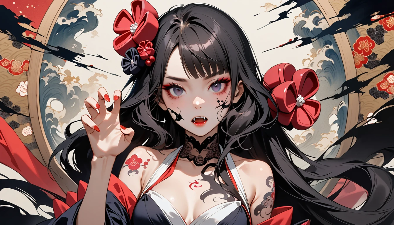 (((Horror elements))), (((TATOO on the face))), (((claw pose))), (((Highest quality))), (((Katsushika Hokusai))), (((Ink Painting))), ((very straight longhair)), ((1 girl)), ((Flashy makeup)), ((A beautiful girl possessed by a demon and showing her fangs)), Japanese style headphones, Black Hair, Delicate and precise, Modern ukiyo-e style, head shot