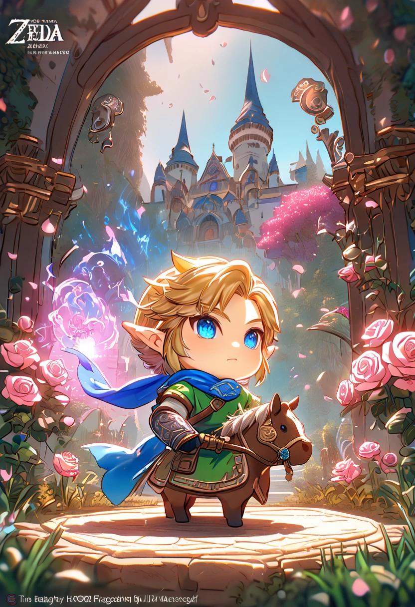 absurdres, highres, ultra detailed, HDR, master piece, best quality, extremely detailed, Link chibi, blonde hair, expressive blue eyes, The Legend Of Zelda Hyrule Warriors, boy hugging a brown horse, cute, small, blue scarf, greeb tunic, magical, fantasy, magic, castle, garden, pink roses, pink petals, pillars 