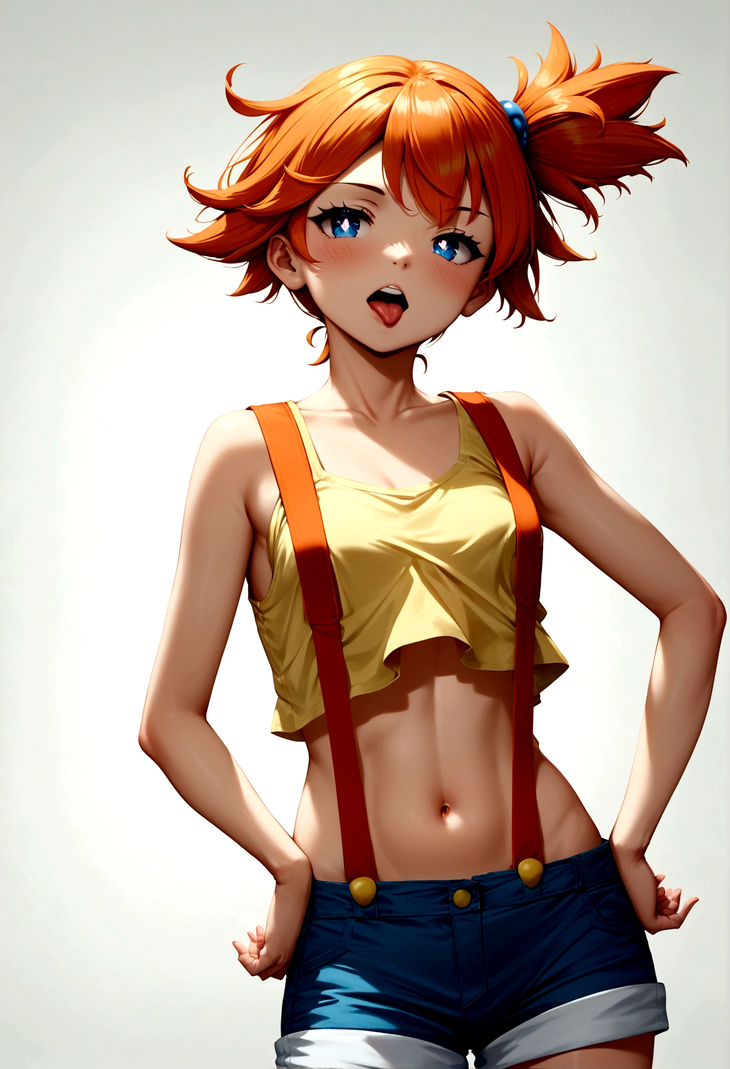 score_9, score_8_up, score_7_up, score_6_up, score_5_up, zPDXL2, max detail, 4k wallpaper, masterpiece, best quality, absurdres, highres, source_anime, PokemonStyle, pokemon \(anime\),flat color, 1girl, solo, misty (pokemon), open mouth, orange hair, blue eyes, mediumshot, suspenders, side ponytail, breasts, teeth, blush, outline, shirt, short hair, yellow shirt,navel,shorts,white background, simple background, sleeveless, bangs,  upper teeth only, bright pupils, bare shoulders, sleeveless shirt,one closed eye, tongue,hands on hips.