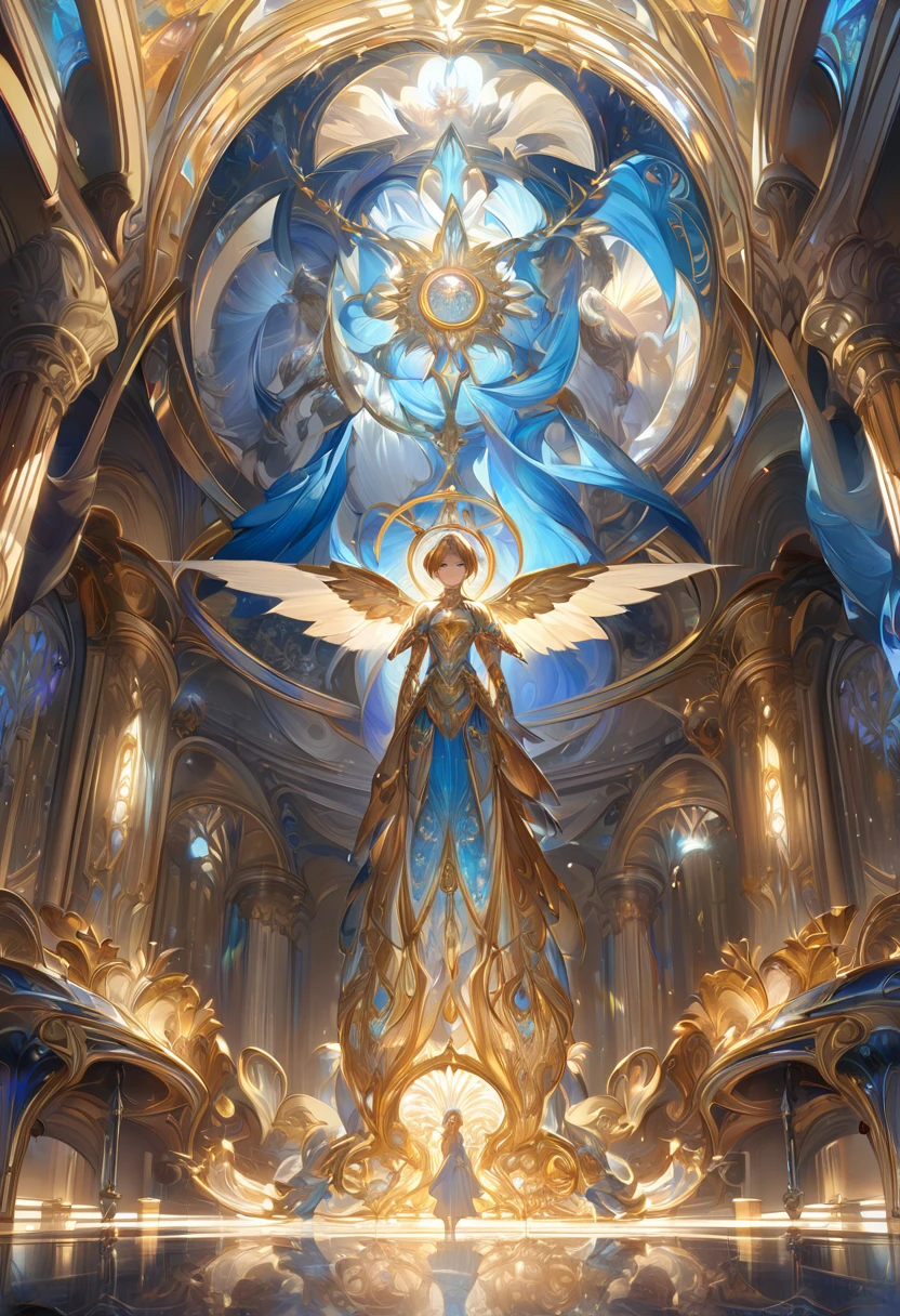 A breathtaking, high-quality digital painting of a majestic figure in resplendent, ornate armor adorned with intricate golden accents and shimmering blue feathers. The figure stands tall in an opulent, grand hall, with the armor's luminous elements and intricate patterns reflecting a fantastical, otherworldly design. The wings, a stunning array of metallic feathers, radiate light, creating a halo-like effect. The eye-level shot captures the drama and grandeur of the scene, with the dramatic backlight and soft ambient light casting ethereal reflections on the polished marble floor. This masterpiece, inspired by the artistic styles of Greg Rutkowski, Alphonse Mucha, Martina Grimm, and John William Waterhouse, is a 4K, high-resolution work of art that showcases the best