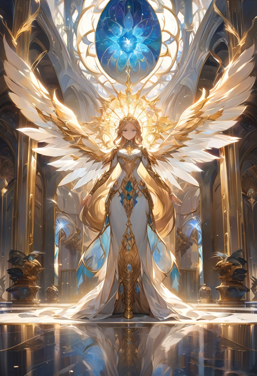 A breathtaking, high-quality digital painting of a majestic figure in resplendent, ornate armor adorned with intricate golden accents and shimmering blue feathers. The figure stands tall in an opulent, grand hall, with the armor's luminous elements and intricate patterns reflecting a fantastical, otherworldly design. The wings, a stunning array of metallic feathers, radiate light, creating a halo-like effect. The eye-level shot captures the drama and grandeur of the scene, with the dramatic backlight and soft ambient light casting ethereal reflections on the polished marble floor. This masterpiece, inspired by the artistic styles of Greg Rutkowski, Alphonse Mucha, Martina Grimm, and John William Waterhouse, is a 4K, high-resolution work of art that showcases the best