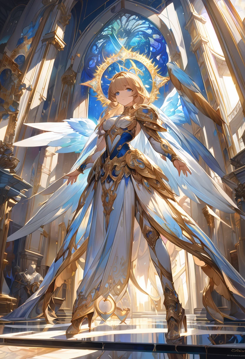A breathtaking, high-quality digital painting of a majestic figure in resplendent, ornate armor adorned with intricate golden accents and shimmering blue feathers. The figure stands tall in an opulent, grand hall, with the armor's luminous elements and intricate patterns reflecting a fantastical, otherworldly design. The wings, a stunning array of metallic feathers, radiate light, creating a halo-like effect. The eye-level shot captures the drama and grandeur of the scene, with the dramatic backlight and soft ambient light casting ethereal reflections on the polished marble floor. This masterpiece, inspired by the artistic styles of Greg Rutkowski, Alphonse Mucha, Martina Grimm, and John William Waterhouse, is a 4K, high-resolution work of art that showcases the best