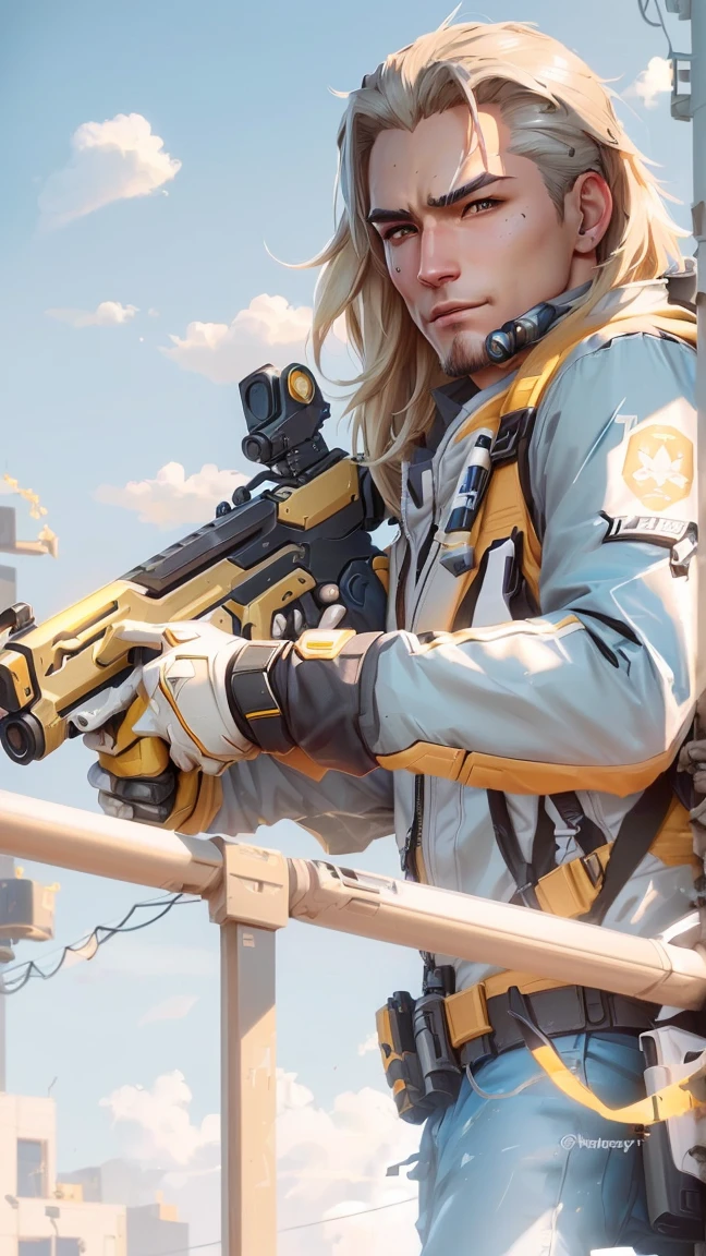 there is a man with a gun and a backpack on his back, as overwatch character, xqc, as an overwatch character, soldier 7 6 from overwatch, artwork in the style of guweiz, hanzo from overwatch, trigger anime artstyle, mercy ( overwatch ), sage ( valorant ), detailed fanart, from overwatch, more details, ross tran style