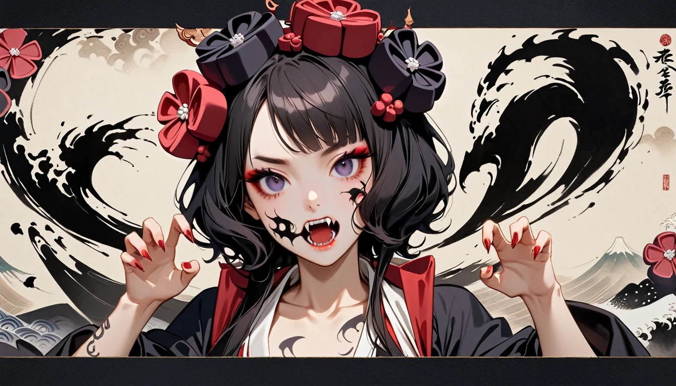 (((Horror elements))), (((TATOO on the face))), (((claw pose))), (((Highest quality))), (((Katsushika Hokusai))), (((Ink Painting))), ((very straight longhair)), ((1 girl)), ((Flashy makeup)), ((A beautiful girl possessed by a demon and showing her fangs)), Japanese style headphones, Black Hair, Delicate and precise, Modern ukiyo-e style, head shot