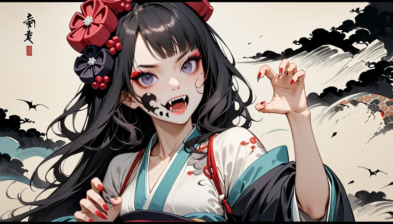 (((Horror elements))), (((TATOO on the face))), (((claw pose))), (((Highest quality))), (((Katsushika Hokusai))), (((Ink Painting))), ((very straight longhair)), ((1 girl)), ((Flashy makeup)), ((A beautiful girl possessed by a demon and showing her fangs)), Japanese style headphones, Black Hair, Delicate and precise, Modern ukiyo-e style, head shot