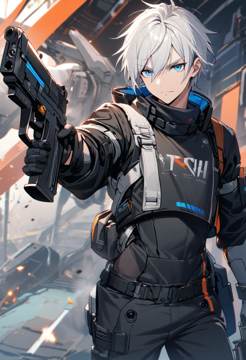 1man, white hair, 1mech arm, holding pistol, blue eyes, tech wear, jacket