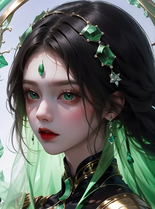Girl, black dress, transparent diamond flowers, malachite, film light, fantasy, detailed