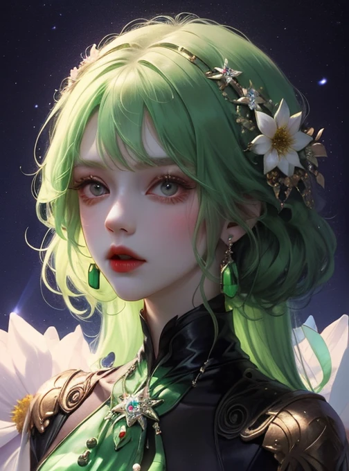 Girl, black dress, transparent diamond flowers, malachite, film light, fantasy, detailed