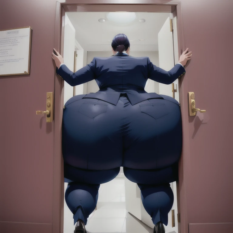 masterpiece, 1girl behind a doorway, from behind, (doorstuck, stuckbehind:1.3), huge hips, round belly, thick thighs, giant butt,colorful clothing, wearing suit and tie and formal pants, upset, desperately trying to wiggle through, she tries to free herself but she won't budge, she is stuck tight view from behind