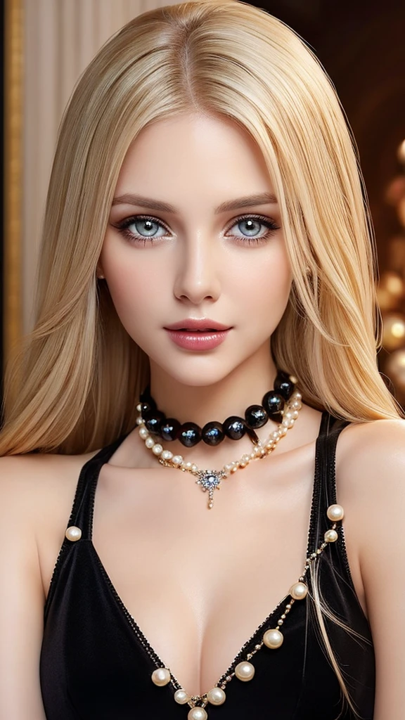 Pretty blonde girl , pretty detailed hazel eyes, pretty detailed face, detailed lips, realistic detailed skin, slim with small waist and nice body, long hair realistic, wearing black dress with pearls at a  holding champagne glass in her hand ,super pretty girl, attractive and beautiful girl, highly detailed, ultra realistic