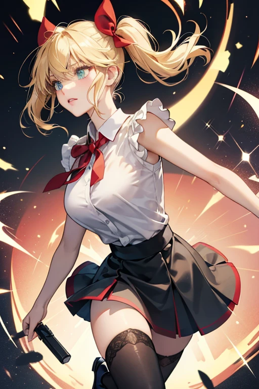 Lindalee is short with blue-green eyes. She also has long blonde hair with bangs.
her hair is tied into two high ponytails with a red bow each. She wears a short-sleeved white top with a ladybug logo as the graphic design located at the center and a black-spotted red short skirt. The top has a black neck collar, and she wears a black underskirt. She wears gray opaque thigh highs and black Mary Jane shoes. SPARKLE; GLITTER