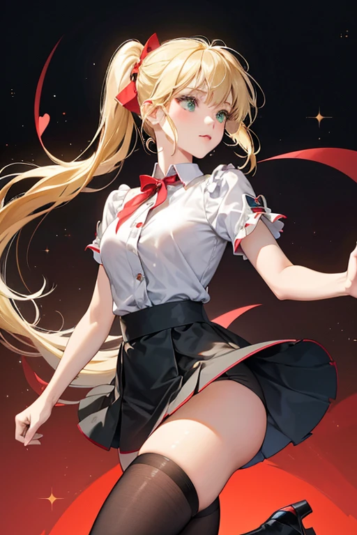 Lindalee is short with blue-green eyes. She also has long blonde hair with bangs.
her hair is tied into two high ponytails with a red bow each. She wears a short-sleeved white top with a ladybug logo as the graphic design located at the center and a black-spotted red short skirt. The top has a black neck collar, and she wears a black underskirt. She wears gray opaque thigh highs and black Mary Jane shoes. SPARKLE; GLITTER