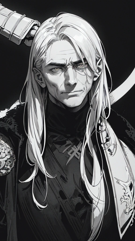 Top quality, (background_detail), high_contrast, detail_original_illustration, warrior, muscular, villain's face, armored, full_body, medieval, deep_wrinkle_brows, young_man, dark_stitch_landscape, (dramatic_lighting:1. 25), (shaded_background:1.2), (black_backed_hair:1. 1 ), Large figure, Delicate face, Evil smile, Sharp eyes, Black background, (Black background:1.5) Beautiful line drawing, Black and white
