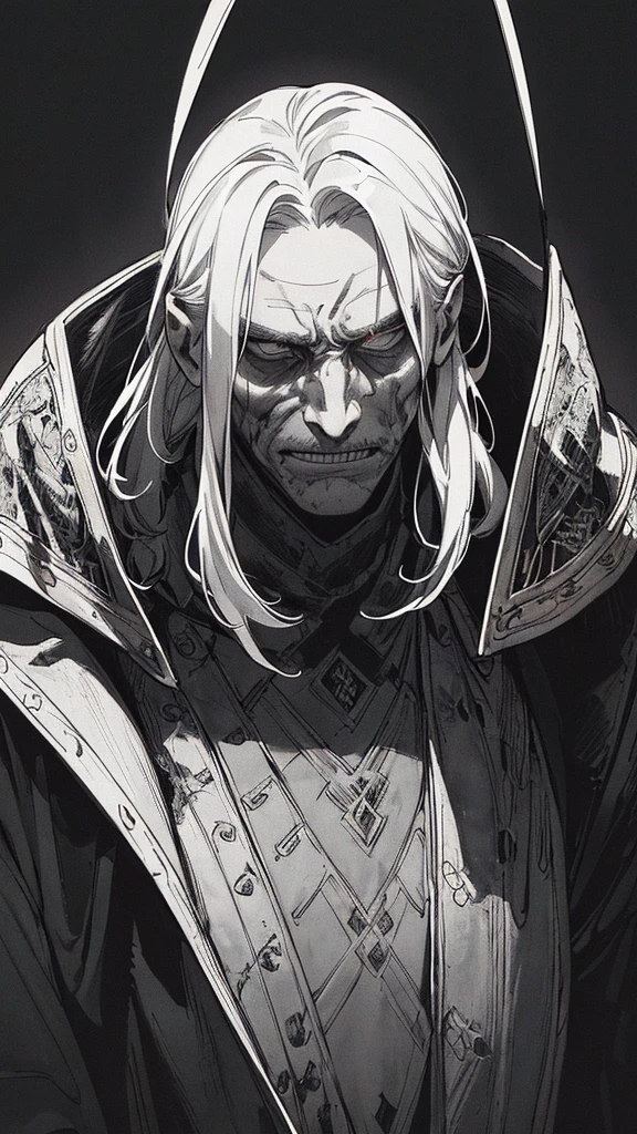 Best quality, (background_detail), high_contrast, detail_original_illustration, warrior, muscular, villain's face, armored, full_body, medieval, deep_wrinkle_brows, young_man, dark_stitch_landscape, (dramatic_lighting:1. 25), (shaded_background:1.2), (gray_hair:1. ), Large figure, Delicate face, Evil smile, Sharp eyes, Black background, (Black background:1.5), Beautiful line drawing, Black and white