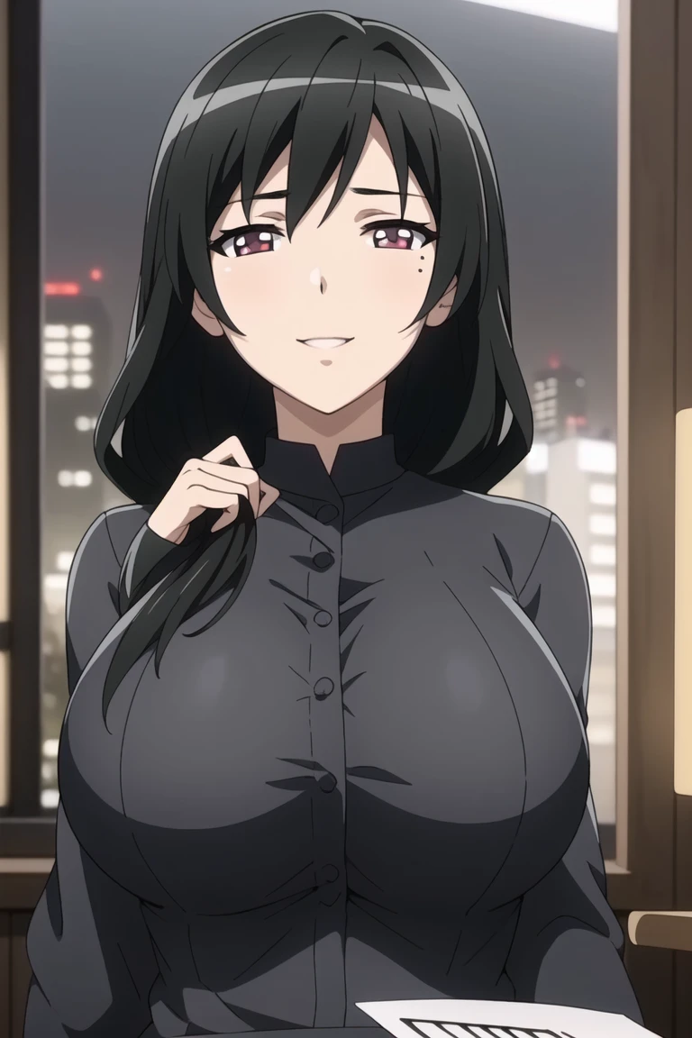 (night:1.7), Japan, Tokyo, City View, In front of the window,
Upright immobile posture,
Gray Uniform, shirt, Long sleeve , pants,
black_hair, 茶color_eye,length_hair,Single Blade,
1 Girl, 20-year-old,young woman,beautiful Finger,beautiful long legs,beautiful body,beautiful Nose,beautiful character design, perfect eye, perfect face,expressive eye,
View your viewers, centered in picture,(upper_body),(Focus on her face),(Light_笑face:0.5),
Official Art,非常に詳細な CG ユニティ 8K 壁紙, perfect Lighting,colorful, bright_front_face_Lighting,Shiny skin,
(masterpiece:1.0),(Highest_quality:1.0), 超High resolution,4K,Super detailed,
photograph, 8K, High resolution, High resolution, Absurd:1.2, 400 for Kodak Port, Film Grain, Blurred Background, Bokeh:1.2, Lens flare, (Vibrant_color:1.2)
(beautiful,big_chest:1.4), (beautiful_face:1.5),(narrow_Waist),