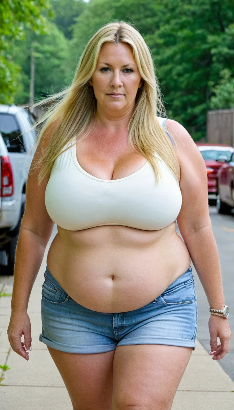 Chubby woman, 40 years old white Caucasian woman, walking outside, MILF, long straight blonde hair, serious, chubby, bbw, casual, summer time, day time, large huge breasts, chubby face
