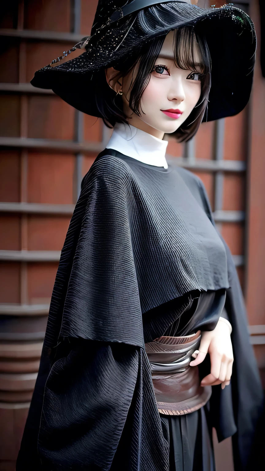 Highest quality, masterpiece, Ultra-high resolution, (Realistic:1.4), RAW Photos, One girl, Black short hair, Detailed eyes and face,, Dynamic Lighting, Modest, whole body, Japanese, witch, hat, 