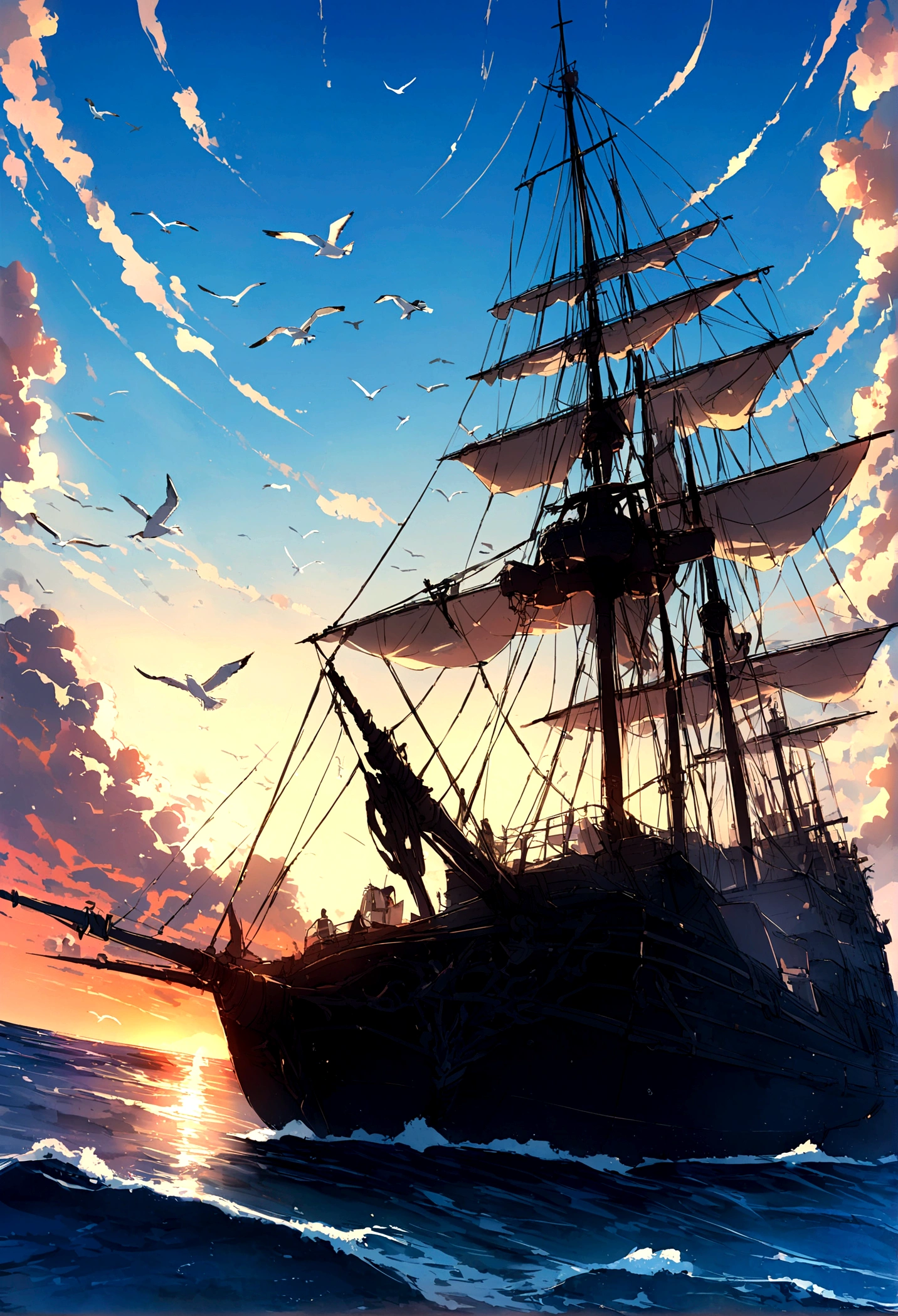 frigate, rowboat, Ship, Ship de guerra, frigate do século 18, ocean, mar, vague, Vents, Sunset of the Day, 17 hours, white clouds, viewed from below, blue sky, seagulls,