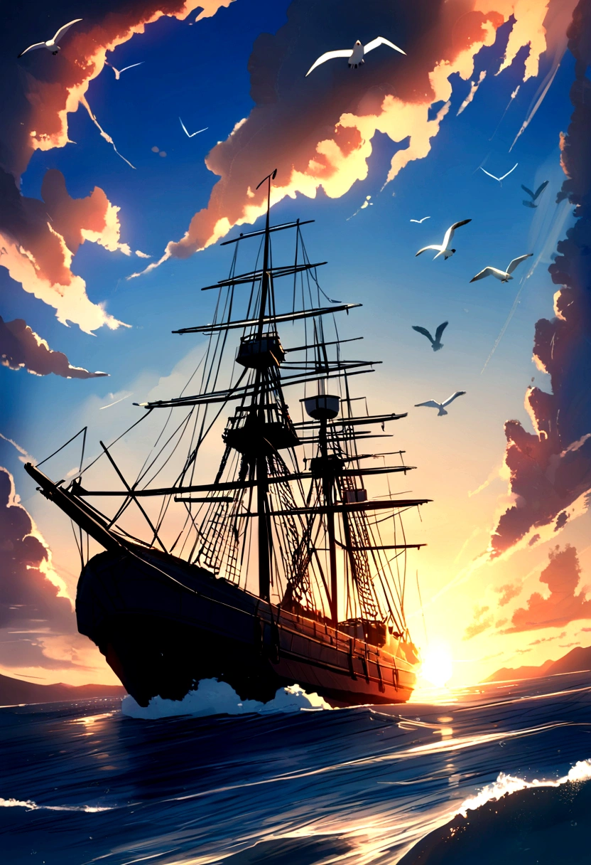 frigate, rowboat, Ship, Ship de guerra, frigate do século 18, ocean, mar, vague, Vents, Sunset of the Day, 17 hours, white clouds, viewed from below, blue sky, seagulls,