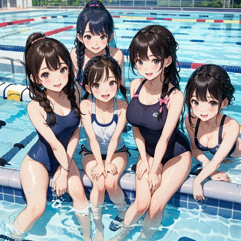 highest quality、High resolution、detailed background、masterpiece、cute10 year old beautiful girl、(5 women)、navy blue school swimsuit、brown hair、black hair、braided ponytail、Each has a cute braided hairstyle、(huge breasts:1.1)、realistic images、perfect body line、thick thighs、Show the whole body、detailed face、emphasize the chest、
(Five beautiful girls wearing school swimsuits are having fun playing around in the school pool.:1.5)、
playfully splashing water on each other、happy look、smiling、open your mouth and laugh、smile、sexual expression、Swimsuit that shines when wet、The whole body is wet、my hair is wet too、cute