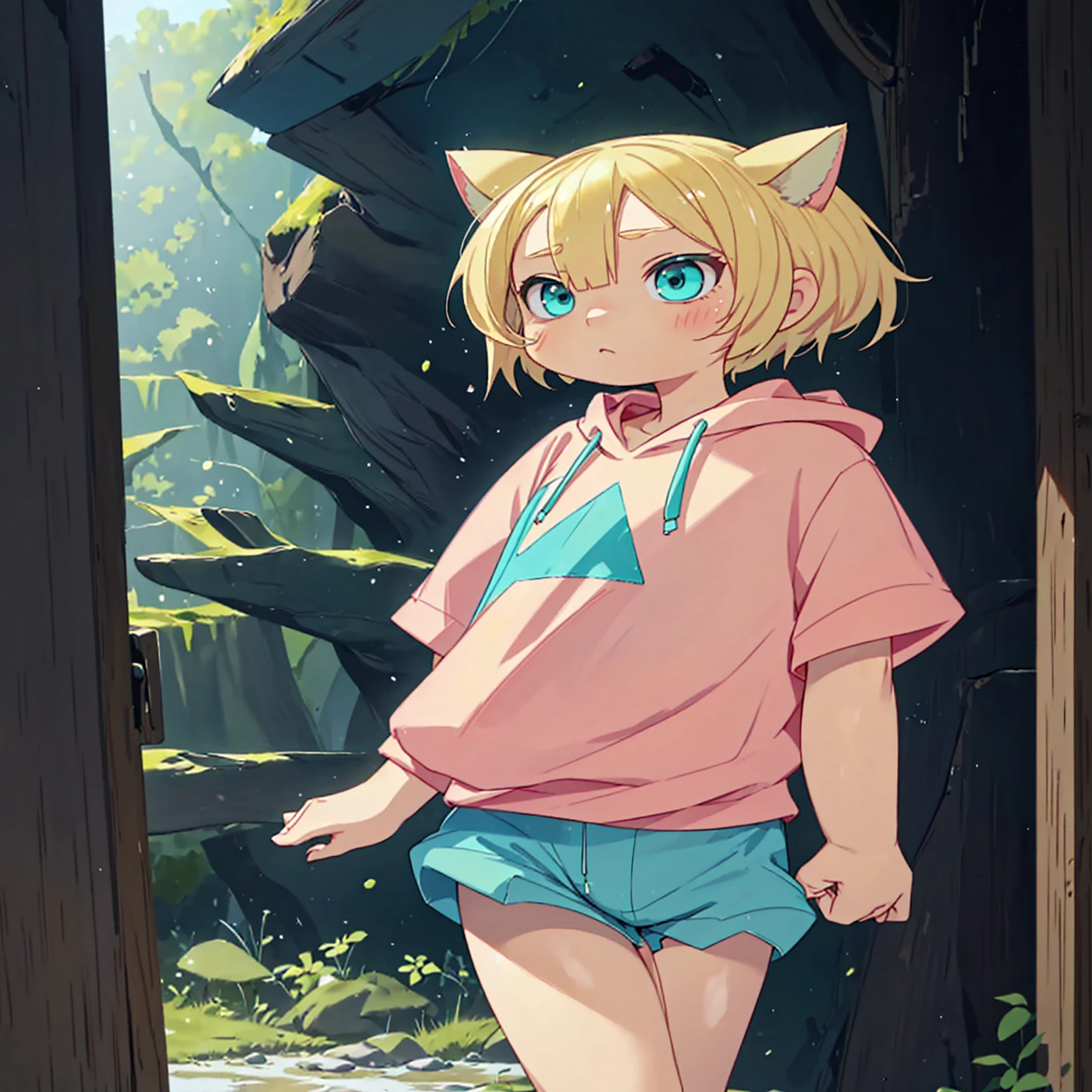 Plain pink short sleeve hoodie。Turquoise Eyes、8-year-old girl, (Eye color is turquoise), SFW,
Blonde Hair、Short Hair、Cat ear、(Blonde :1.5),
White skin, Wooden village, (Flat Chest), Denim shorts,
outside, bright,, Plain pink short sleeve hoodie,I tried drawing a belly button in the style of Made in Abyss,
Soft lighting and detailed environments、Create immersive environments that inspire your imagination、Delivering high quality visuals, Dim lighting, Sharply focused, Octane Rendering, 8K Ultra HD