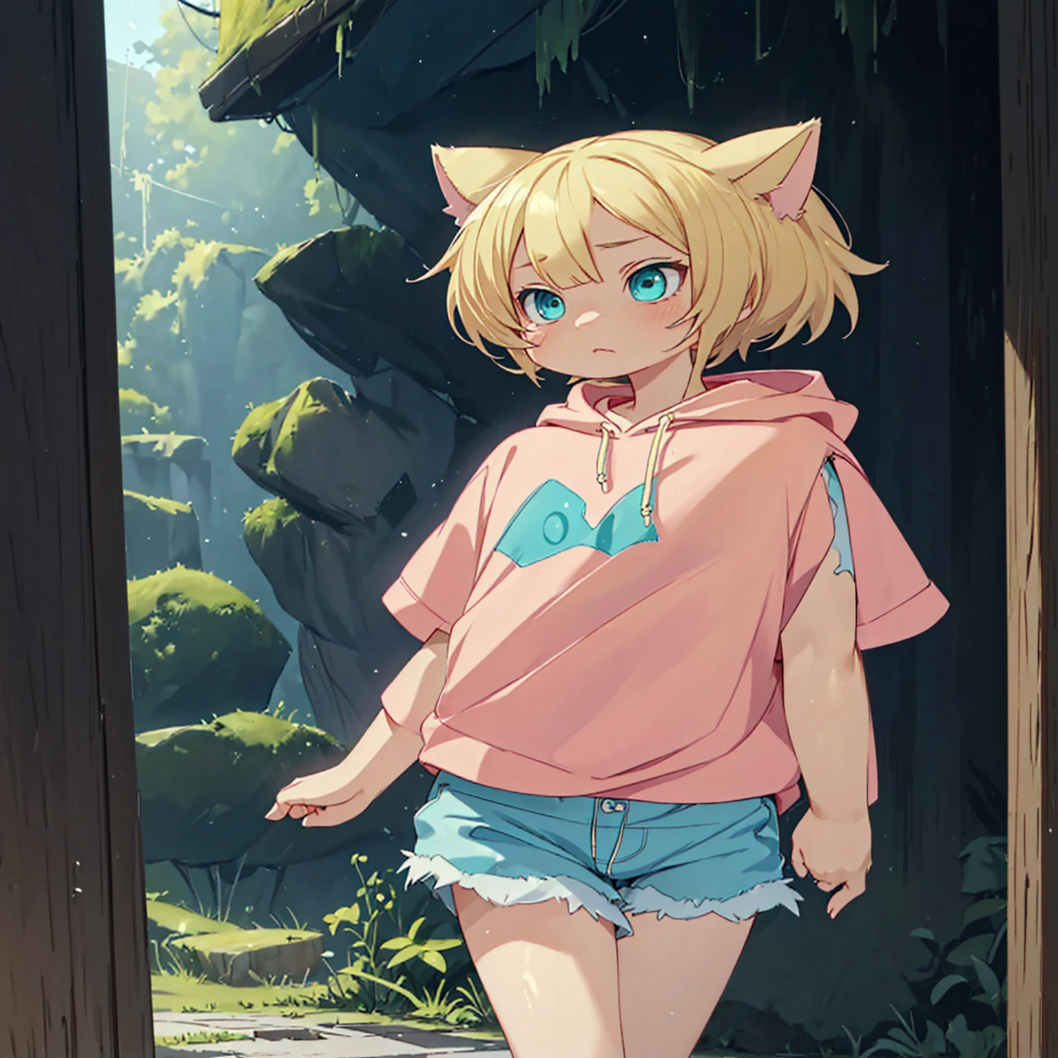 Plain pink short sleeve hoodie。Turquoise Eyes、, (Eye color is turquoise), SFW,
Blonde Hair、Short Hair、Cat ear、(Blonde :1.5),
White skin, Wooden village, (Flat Chest), Denim shorts,
outside, bright,, Plain pink short sleeve hoodie,I tried drawing a belly button in the style of Made in Abyss,
Soft lighting and detailed environments、Create immersive environments that inspire your imagination、Delivering high quality visuals, Dim lighting, Sharply focused, Octane Rendering, 8K Ultra HD