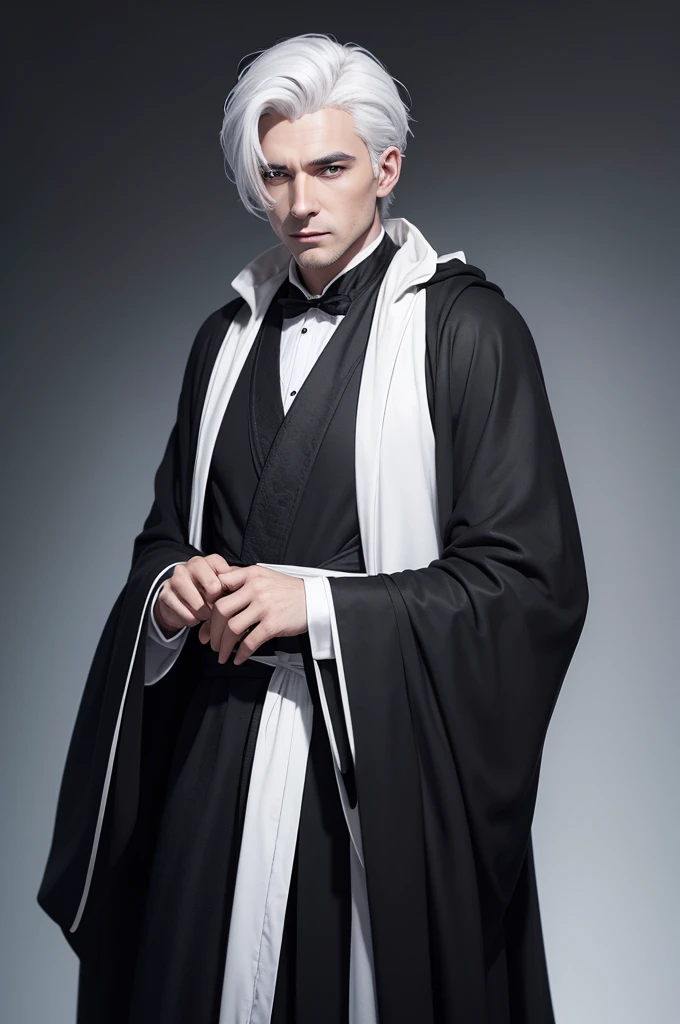 Create a British man with white hair and wearing a black robe