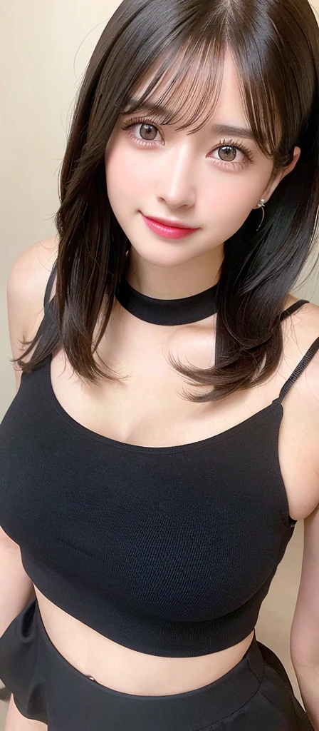 (realistic, high resolution:1.3), (face close up), 1 girl with perfect figure, super fine face and eyes, black hair,medium hair, tank top: 1.2 in random colors, short、skirt, bridge, big breasts, cleavage, choker, smile