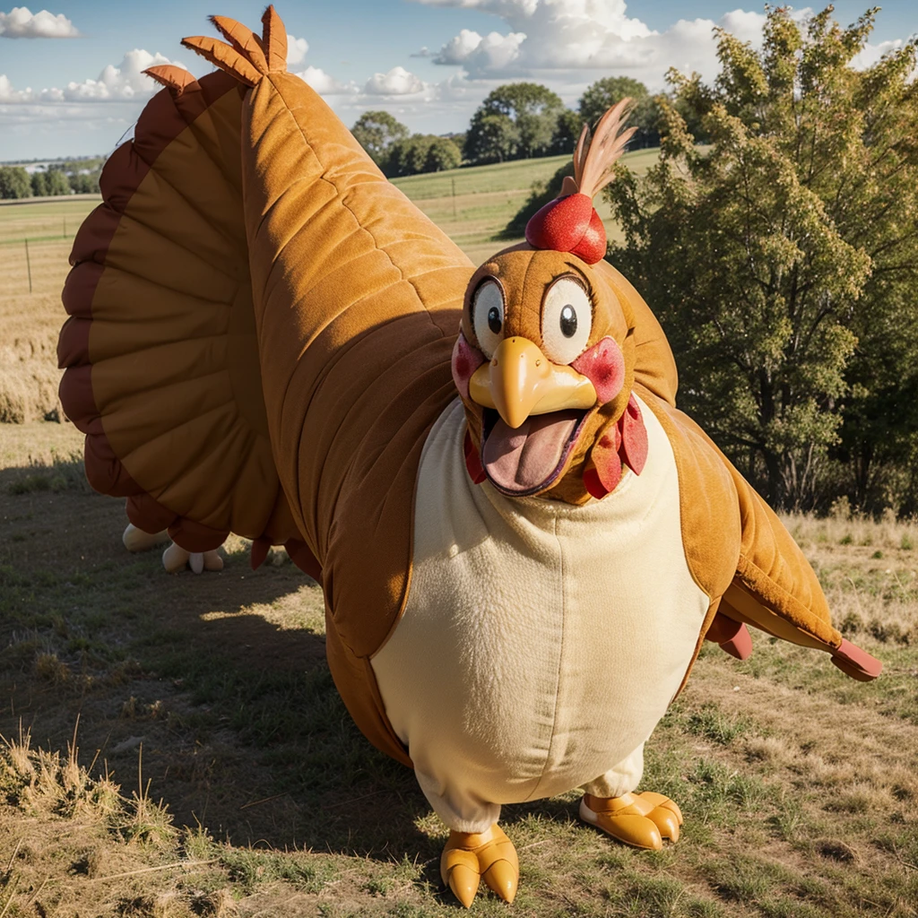 ((Best Quality)), ((Cartoon)), 1 happy man, whole body, greeting, giant chicken costume, simple background, Field, funny, vivid colors