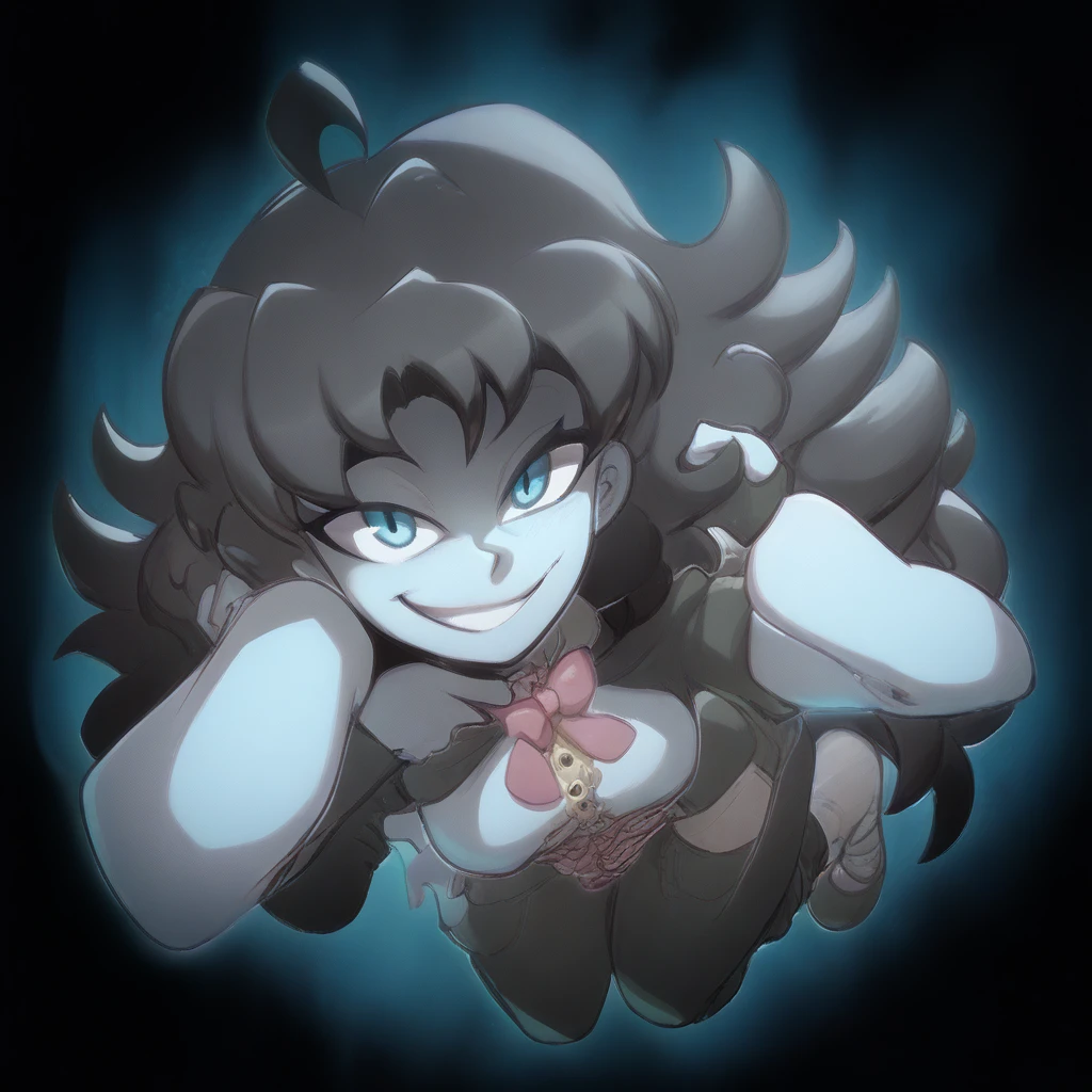 Ralph Bakshi Style, gesugao, Curvy blue eyed girl with long wavy black hair and small breasts, (extreme nsfw):3.0, lewd:3.0, (upward angle), (full-body-shot pov), (pubic_stubble):4.0, nudity, bedroom, ahegao