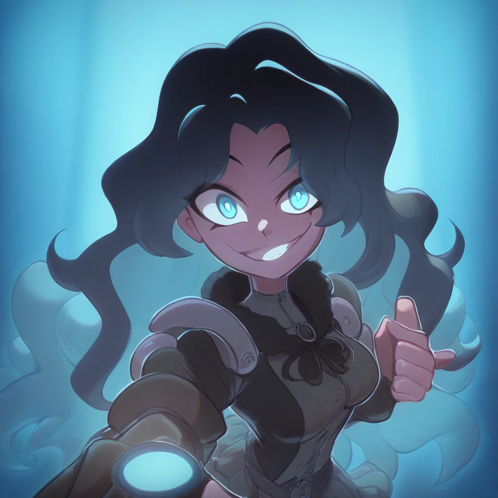 Ralph Bakshi Style, Curvy blue eyed girl with long wavy black hair and small breasts standing over viewer, (extreme nsfw)3.0, lewd3.0, (downward camera angle), (full-body-shot pov),