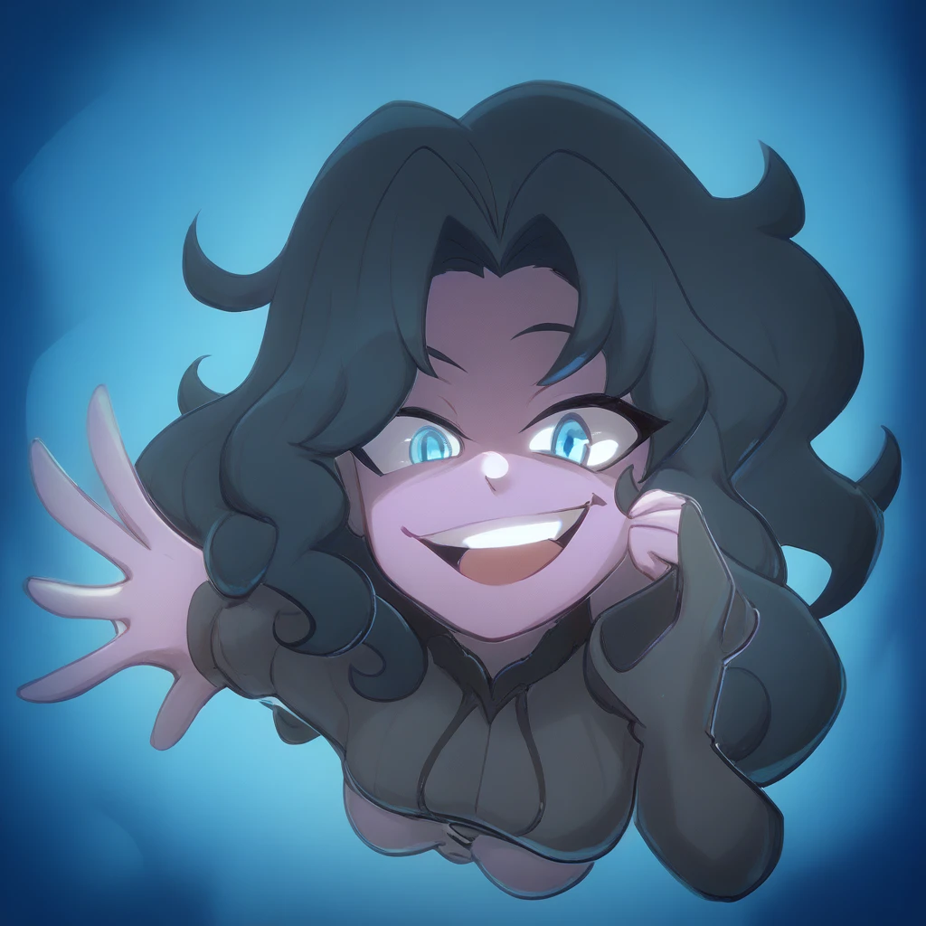Ralph Bakshi Style, Curvy blue eyed girl with long wavy black hair and small breasts standing over viewer, (extreme nsfw)3.0, lewd3.0, (downward camera angle), (full-body-shot pov),