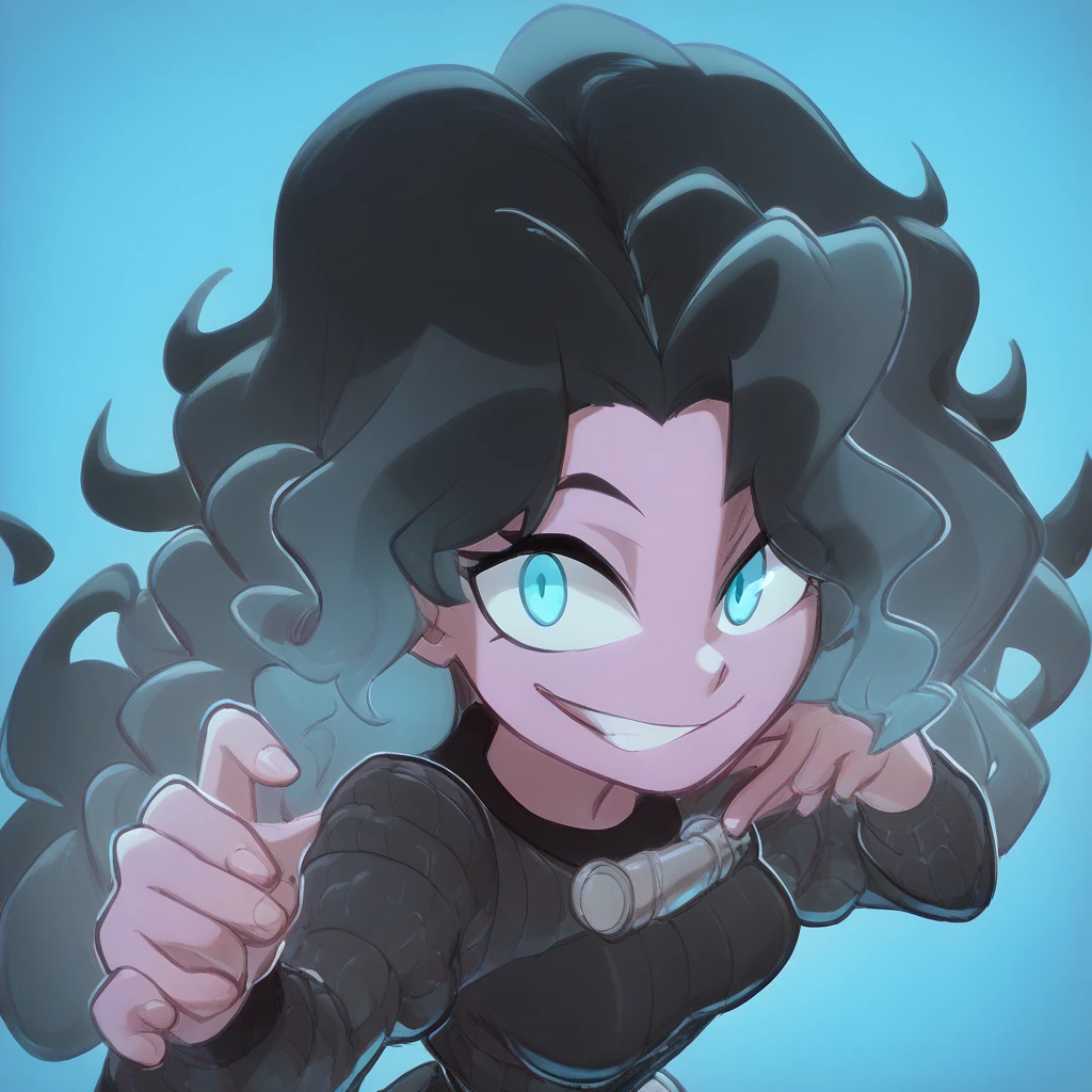 Ralph Bakshi Style, Curvy blue eyed girl with long wavy black hair and small breasts standing over viewer, (extreme nsfw)3.0, lewd3.0, (downward camera angle), (full-body-shot pov),