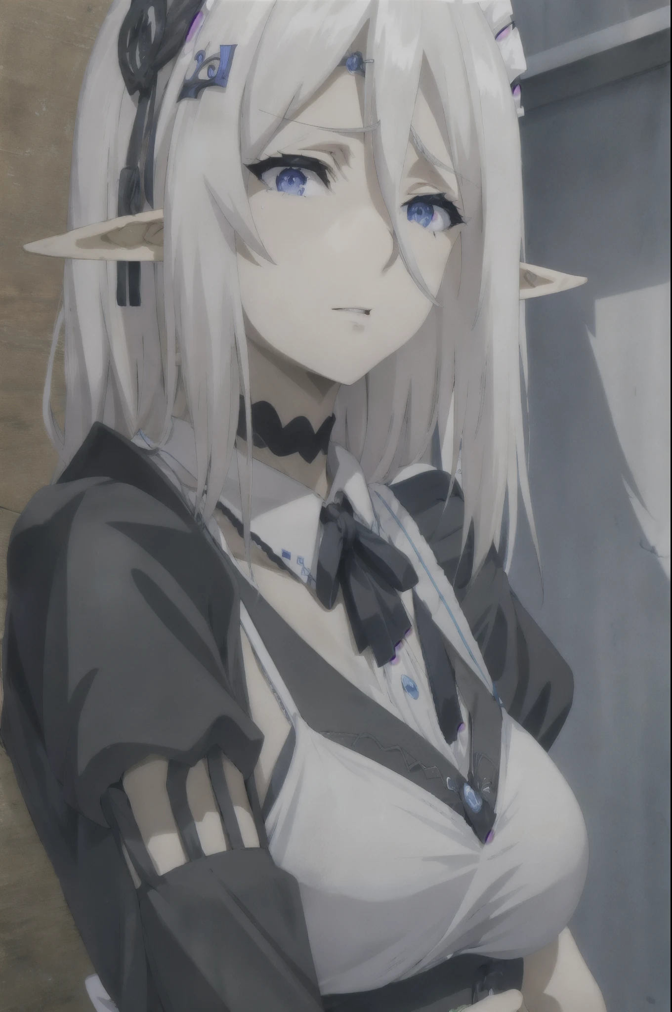 best quality, from below, log angle, intenseglare, disgust, shaded_face, shadow_over_eyes, glaring, looking down at the viewer, long platinum hair,blue eyes,pointy ears,elf,,masterpiece, highres, solo, (maid:1.40), (long maid dress:1.15), anime_style, 14
