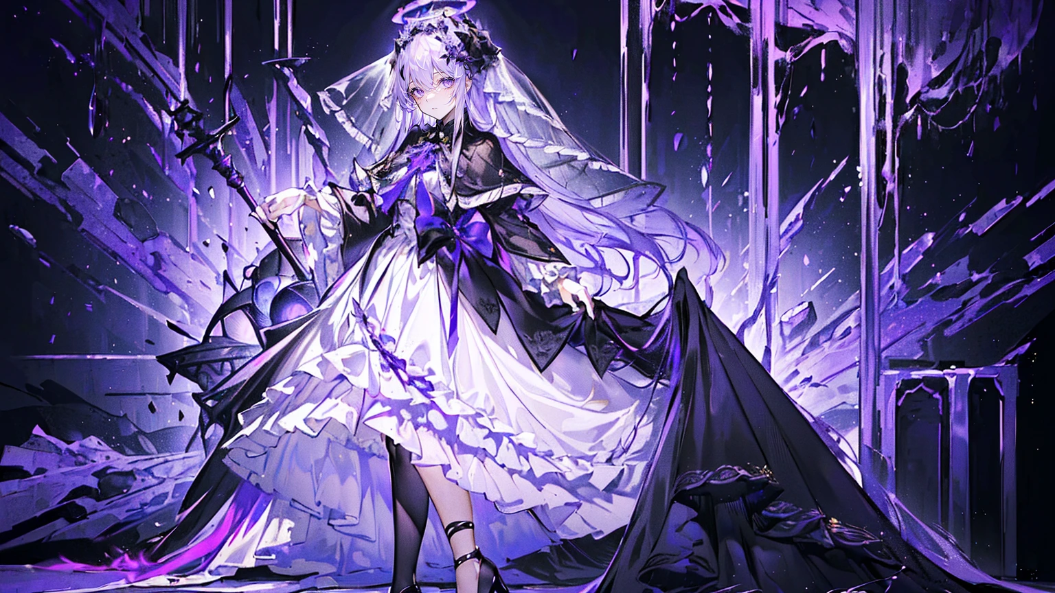 (Super detailed)),((illustration)),((masterpiece)),(((need))),((fine、Highest quality CG Unity 8K wallpapers,masterpiece),((4K,masterpiece,best quality)),Queen with long grey hair,Sexy,Lilac eyes,Standing upright in a coffin,Mature,Hair tied on both sides,Black and gold gauze robe,Black and purple French vintage clothing,Gorgeous pure black cape,Black veil,Purple-white halo,Black and purple high heels,Wearing a crown on the head,Holding a knight's sword,pyramid,Emitting dim purple light,under deep sea,under deep sea的废墟,under deep sea排满棺材,Mysterious symbols