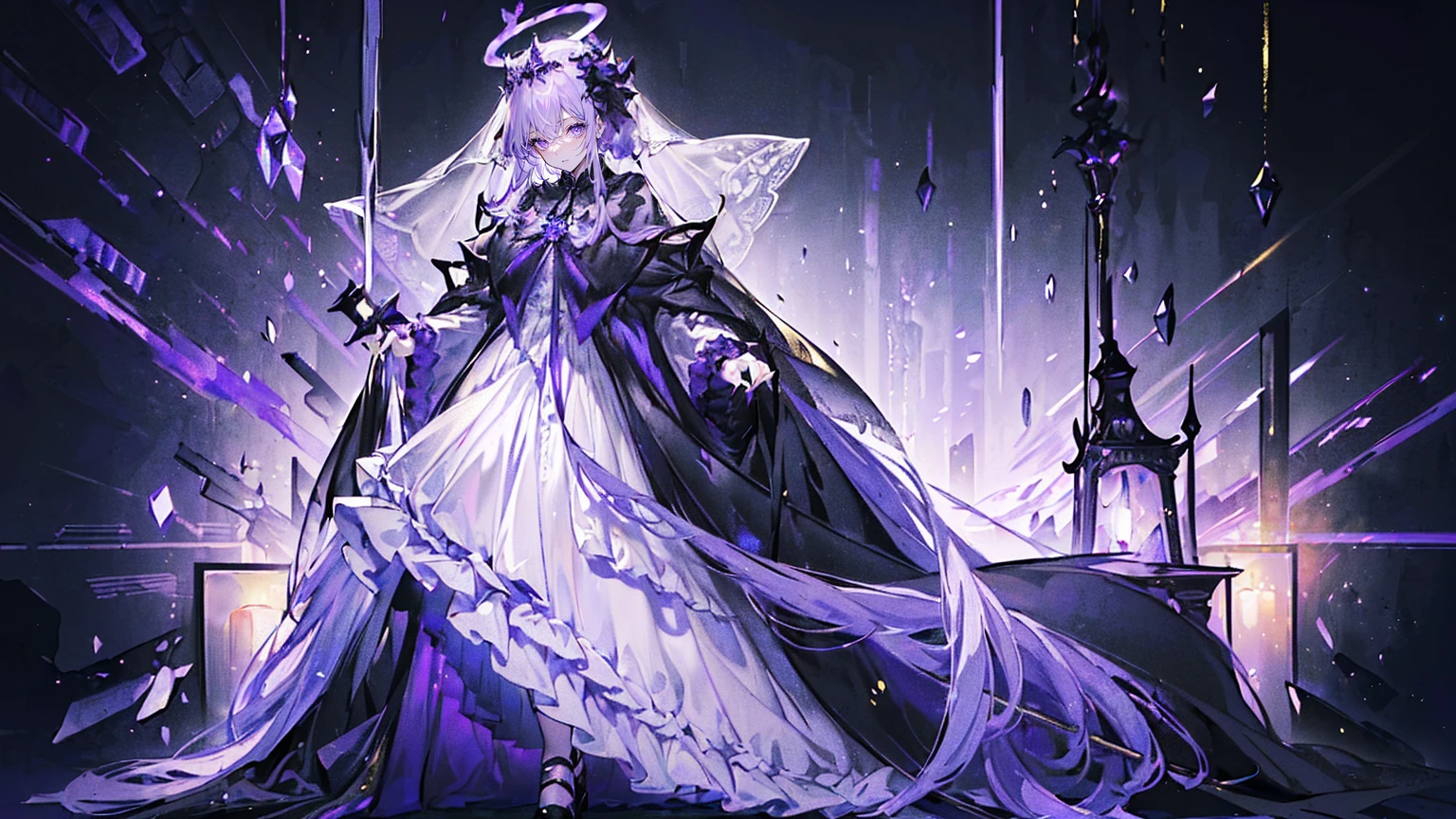 (Super detailed)),((illustration)),((masterpiece)),(((need))),((fine、Highest quality CG Unity 8K wallpapers,masterpiece),((4K,masterpiece,best quality)),Queen with long grey hair,Sexy,Lilac eyes,Standing upright in a coffin,Mature,Hair tied on both sides,Black and gold gauze robe,Black and purple French vintage clothing,Gorgeous pure black cape,Black veil,Purple-white halo,Black and purple high heels,Wearing a crown on the head,Holding a knight's sword,pyramid,Emitting dim purple light,under deep sea,under deep sea的废墟,under deep sea排满棺材,Mysterious symbols