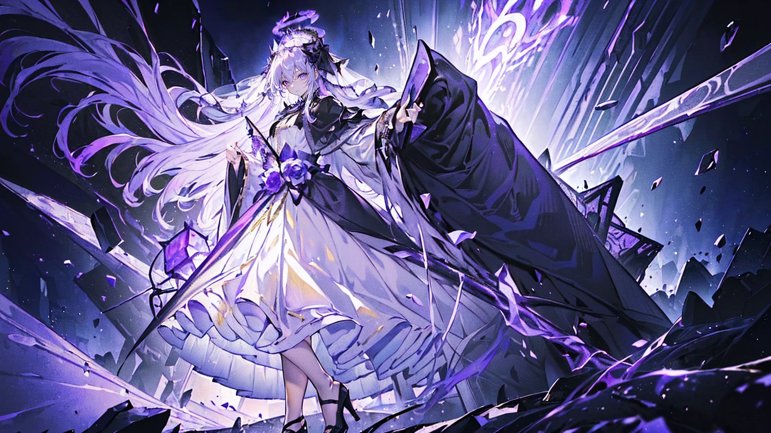 (Super detailed)),((illustration)),((masterpiece)),(((need))),((fine、Highest quality CG Unity 8K wallpapers,masterpiece),((4K,masterpiece,best quality)),Queen with long grey hair,Sexy,Lilac eyes,Standing upright in a coffin,Mature,Hair tied on both sides,Black and gold gauze robe,Black and purple French vintage clothing,Gorgeous pure black cape,Black veil,Purple-white halo,Black and purple high heels,Wearing a crown on the head,Holding a knight's sword,pyramid,Emitting dim purple light,under deep sea,under deep sea的废墟,under deep sea排满棺材,Mysterious symbols