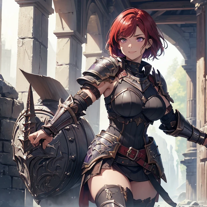(absurdres, high fantasy artwork, best high quality image, carefuly detailed, very detailed features and textures, tolkien-aesthetic)
{{1character: 25 years old barbarian girl, (scarlet red short hair, purple eyes with black pupils, very thin lips, white skin, wearing full armor), (full bulky knight armor, full bulky shoulder plates, full armored bulky-breast-plate-armor-no revealing-skin, full gauntlets plates, full elbow plates, full plate boots), (her weapon: broad sword on her back), (attack pose, kind smile, bit sense of humor), (Scenery: Wooden irish cotage with ancient Greek forniture and celtic forniture)}}