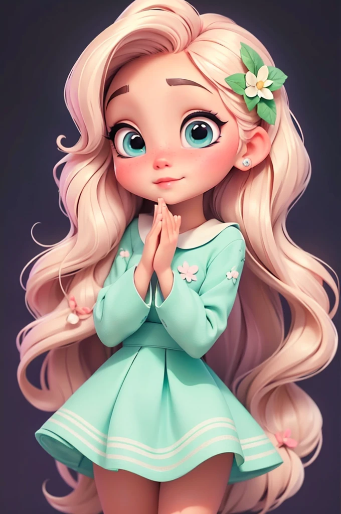 imagem de alta qualidade de uma boneca chibi Ariana Grande: boneca chibi ,illustration,detalhes delicados,Pose encantadora,lovely expression,cores suaves,roupa bonita,cabelos intrincados,beautiful eyes and lips,melhor qualidade,ultra-detalhado,fotorrealista,vivid colors, solid background, profesional lighting, girly accessories, espressiva, headband flowers, blue eyes, ombre hair, long hair, basket of flowers in hands, lovely pose, black eyes, wearing a fairy outfit pastel colors glitter, mint green, pink, and soft purple, exuberant, perfect, centered in the photo with a white background, nitid, fairy vibes, standing, pink flat shoes, vibrant, white background, blonde hair, blonde hair, hair blonde
