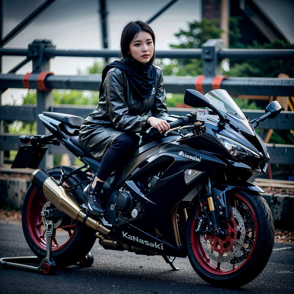 highest quality,masterpiece,Ultra-high resolution,(Photorealistic:1.4),(One girl),1 female,20 years,(Riding a motorcycle),(Riders),smile,(Brown short hair), roar, Outdoor,(orbit),Pit Road,(Racing Motorbike)、Shooting from 3m away、Wide-angle shooting