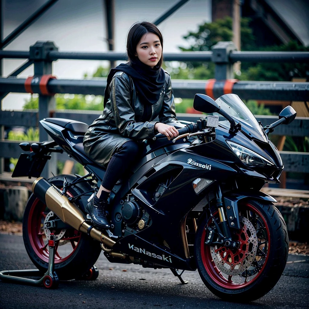 highest quality,masterpiece,Ultra-high resolution,(Photorealistic:1.4),(One girl),1 female,20 years,(Riding a motorcycle),(Riders),smile,(Brown short hair), roar, Outdoor,(orbit),Pit Road,(Racing Motorbike)、Shooting from 3m away、Wide-angle shooting