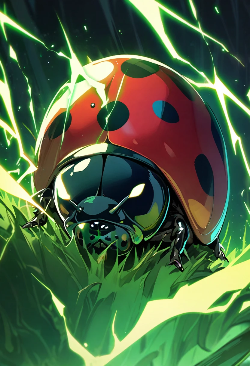 black, ladybug, sharp features, green electricity