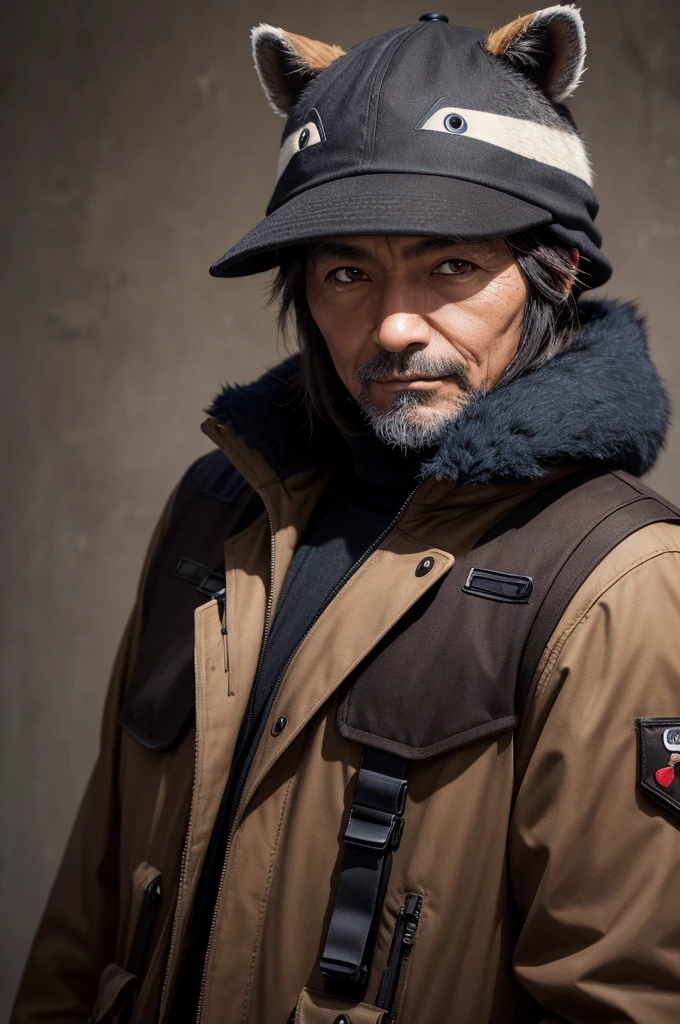a hunter, with technological clothes, black, browns and blues, raccoon hat, 54 year old appearance