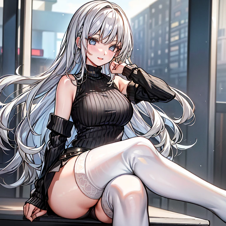 (1girl), sit on chair，Absolute realm，‎Classroom，Sitting，Crossed legs，Ultra High Resolution, 16k, ((Masterpiece)), ((Best Quality))), ((Ultra Detailed)), (ultra high resolution), looking at viewer, (lipstick:0.75), winter, vivid colors, Silver hair, Pale skin, Beautiful detailed face, Detailed eyes, posing on a white background, dynamic lighting, dynamic shadowing, looking at viewer, White stone punk fashion,(Posing for a photo),((White clothes)), (((black thigh highs))), jean shorts, skirt, white sweater, ((Blue eyes)), happy, smiling, black straps, black strap design, ((Long white hair)), energetic, cheerful, cityscape background, (((long black sleeves))), ((long black sleeves)), black sleeves, ((((pure white sweater))))