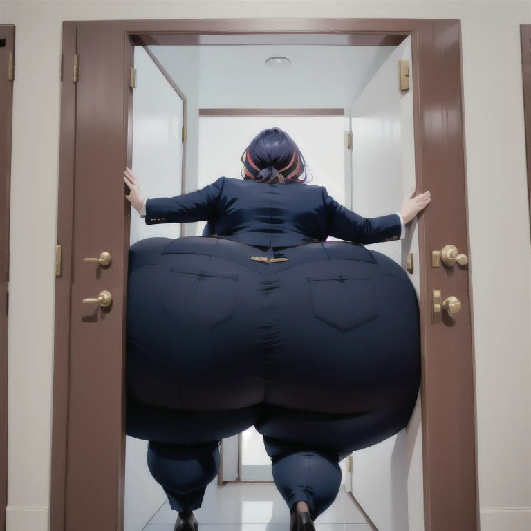 masterpiece, 1girl behind a doorway, from behind, (doorstuck, stuckbehind:1.3), huge hips, round belly, thick thighs, giant butt,colorful clothing, wearing suit and tie and formal pants, upset, desperately trying to wiggle through, she tries to free herself but she won't budge, she is stuck tight view from behind, she is too wide, the doorway is quite narrow too