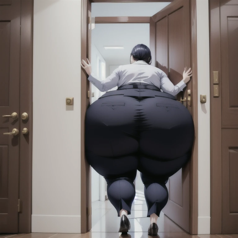 masterpiece, 1girl behind a doorway, from behind, (doorstuck, stuckbehind:1.3), huge hips, round belly, thick thighs, giant butt,colorful clothing, wearing suit and tie and formal pants, upset, desperately trying to wiggle through, she tries to free herself but she won't budge, she is stuck tight view from behind, she is too wide, the doorway is quite narrow too
