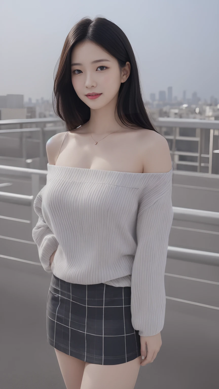 , Long winded [Blue-black:.3] hair,View your viewers, (masterpiece:1.3), (8K, Realistic, RAW Photos, Highest quality: 1.4), Japanese, (One girl), Beautiful Face, (Realistic Face), (black hair, medium hair:1.3), beautiful hairstyle, Realistic eyes, Beautiful attention to detail, (Realistic Skin), Beautiful Skin, Charm, Ultra-high resolution, Ultra-realistic, Very detailed, Golden Ratio, A fluffy blue sweater and a black plaid skirt, long sleeve one shoulder sweater, Are standing, Front view, Open Stance, Model pose, Upper Body, Saggy breasts, Smile, Rooftop at night, City view, Super detailed, Hyper Sharp, Sharp focus, K-Pop Idols, J-Pop Idol, Big Breasts, Large breasts, Saggy breasts,
