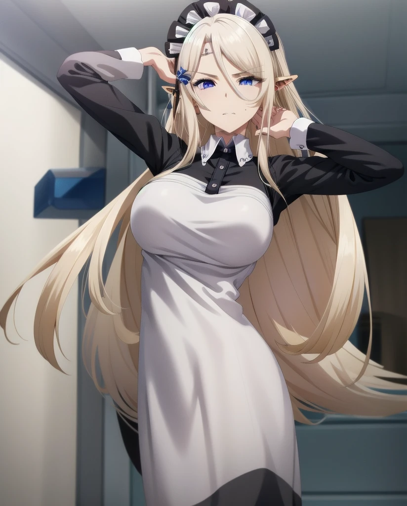 best quality, from below, log angle, intenseglare, disgust, shaded_face, shadow_over_eyes, glaring, looking down at the viewer, long platinum hair,blue eyes,pointy ears,elf,,masterpiece, highres, solo, (maid:1.40), (long maid dress:1.15), anime_style, 14
