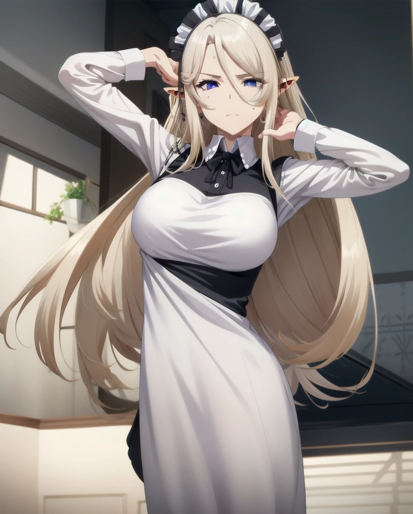 best quality, from below, log angle, intenseglare, disgust, shaded_face, shadow_over_eyes, glaring, looking down at the viewer, long platinum hair,blue eyes,pointy ears,elf,,masterpiece, highres, solo, (maid:1.40), (long maid dress:1.15), anime_style, 14
